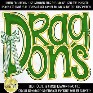 May include: Green and gold "Dragons" graphic with a bow and the text "Seldomly Subtle". The image includes the text "LIMITED COMMERCIAL USE INCLUDED. THIS FILE MAY BE USED FOR PHYSICAL PRODUCTS ONLY! FULL TERMS OF USE CAN BE FOUND IN THE ITEM DESCRIPTION." and "HIGH QUALITY HAND DRAWN PNG FILE DIGITAL DOWNLOAD-NO PHYSICAL PRODUCT WILL BE SHIPPED."