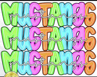 Mustangs Stacked Bright Neon Preppy PNG, modny bestseller, popularny projekt maskotki drużyny Spirit (pobieranie cyfrowe)
