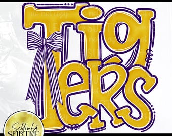 Tigers Yellow Gold Purple and White PNG, Cheer Competition Bow Shirt Design (Digital Download)