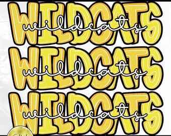 Wildcats Stacked Yellow Preppy PNG, Trendy Bestseller Popular Spirit Team Mascot Design (Digital Download)