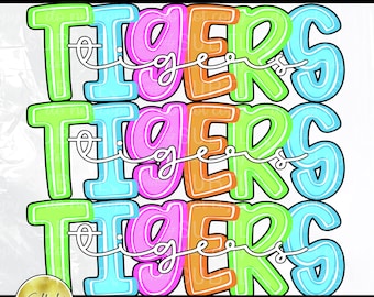 Tigers Stacked Bright Neon Preppy PNG, Trendy Bestseller Popular Spirit Team Mascot Design (Digital Download)
