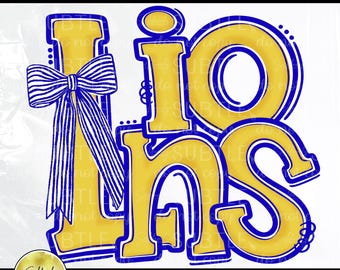 Lions Blue Yellow Gold White PNG, Cheer Competition Trendy Preppy Unique Bow Design (Digital Download)