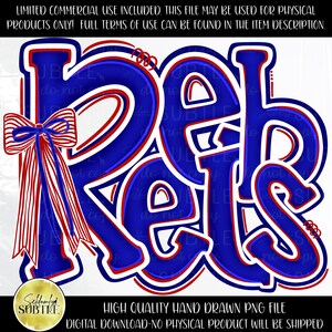May include: A digital graphic design featuring the word Rebels in bold blue letters with red and white outlines. A red, white, and blue striped bow is attached to the left side of the letter R. The design includes a watermark overlay.