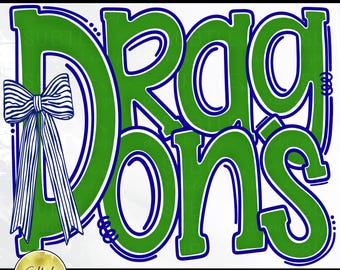 Dragons Navy and Green PNG, Cheer Competition Trendy Preppy Unique Bow Design (Digital Download)