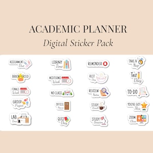 以下が含まれることがあります： 「課題提出」「図書館の時間」「テスト日」などのアイコンとテキストラベルを備えた、学業計画用のデジタルステッカーパック。ステッカーは、デジタルプランナーに最適な、すっきりとしたミニマルなデザインです。