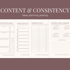 Puede incluir: P&aacute;ginas de planificaci&oacute;n color crema con el texto "CONTENT & CONSISTENCY" y "ideas, planning, posting". Las p&aacute;ginas incluyen secciones para ideas de contenido, planificaci&oacute;n semanal de redes sociales, un dep&oacute;sito de hashtags y plantillas de subt&iacute;tulos.