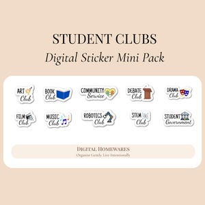 Puede incluir: Mini pack de pegatinas digitales con temas de clubes estudiantiles, incluyendo Arte, Libro, Servicio Comunitario, Debate, Drama, Cine, Música, Robótica, STEM y Gobierno Estudiantil. El texto "STUDENT CLUBS" está en la parte superior.