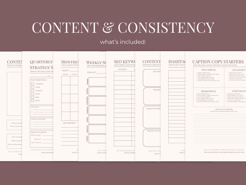 Puede incluir: Una colecci&oacute;n de p&aacute;ginas de planificador imprimibles en beige y blanco. Las p&aacute;ginas incluyen secciones para la estrategia de contenido, palabras clave SEO, hashtags y plantillas de texto. El t&iacute;tulo "CONTENT & CONSISTENCY" est&aacute; en la parte superior.