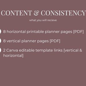 Puede incluir: Un gr&aacute;fico sobre un fondo marr&oacute;n enumera el contenido de un paquete de planificador. El texto dice "CONTENT & CONSISTENCY" y "lo que recibir&aacute;s". Incluye 8 p&aacute;ginas de planificador imprimibles horizontales y verticales, m&aacute;s 2 enlaces de plantillas de Canva.