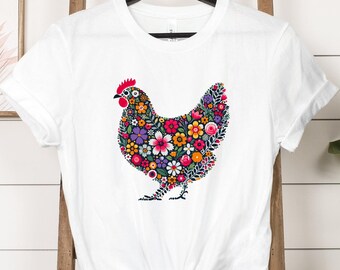 Camiseta de pollo con flores, camiseta de pollo, camiseta de granja, camiseta bohemia para amantes de los pollos, camiseta de pollo para mujer, camisetas de granja, camiseta de gallina, camiseta de otoño para mujer