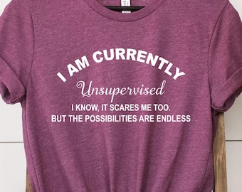 I Am Currently Unsupervised, Ladies Shirt, I Know It Scares Me Too, Cute funny slogan Novelty top, Funny Graphic Tee, Sarcastic Shirt