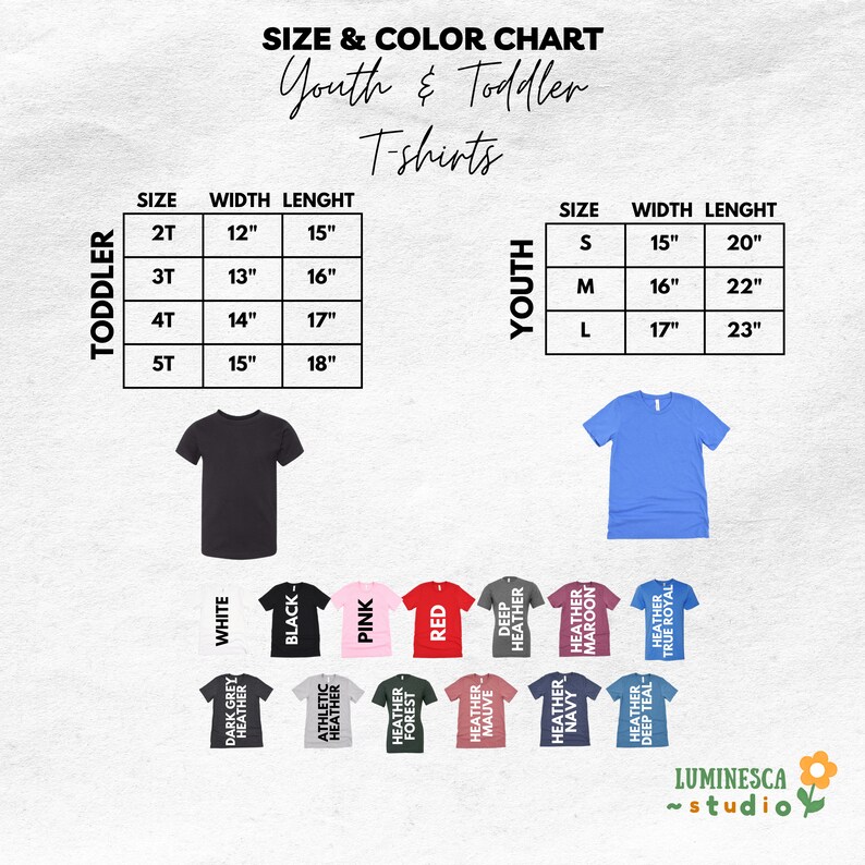 the size and color chart for a t - shirt