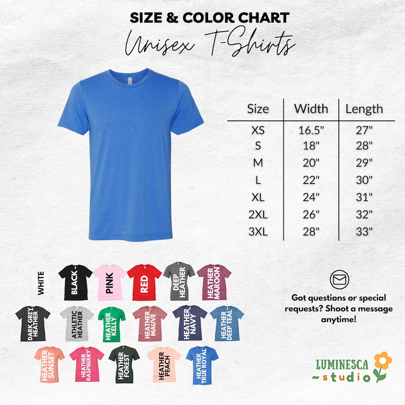 Pu&ograve; includere: Tabella delle taglie per t-shirt unisex con una variet&agrave; di colori. La tabella mostra la larghezza e la lunghezza di ogni taglia dalla XS alla 3XL. I colori includono bianco, nero, rosa, rosso, grigio scuro melange, bordeaux melange, blu navy melange, blu reale melange, verde bosco melange, verde kelly melange, pesca melange, lampone melange, tramonto melange, malva melange e blu teal scuro.