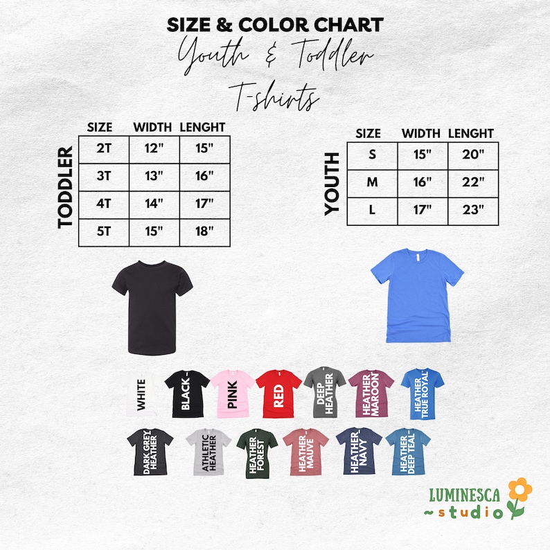 Pu&ograve; includere: Tabella delle taglie e dei colori per magliette per bambini e neonati. La tabella mostra le taglie e le misure di larghezza e lunghezza corrispondenti in pollici. La tabella mostra anche una variet&agrave; di colori disponibili per le magliette, tra cui bianco, nero, rosa, rosso, grigio scuro melange, melange atletico, melange bosco, melange malva, melange profondo, melange blu navy, melange granata e melange blu verde scuro.