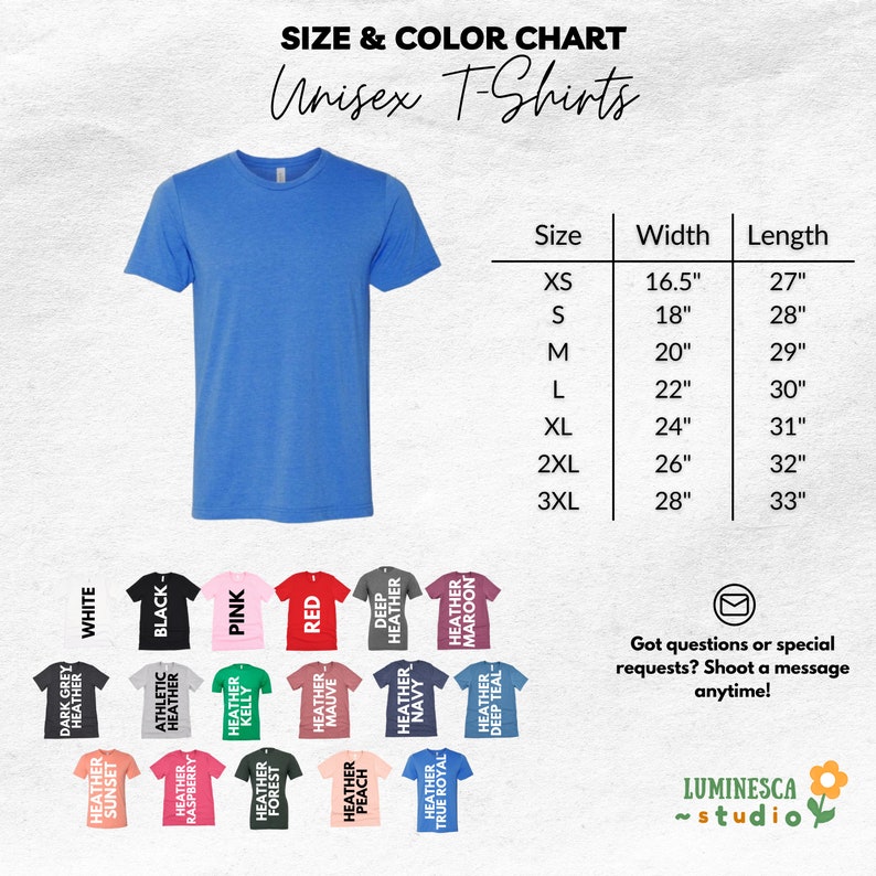 the size and color chart for a t - shirt
