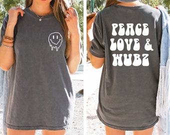 Camiseta Peace Love and Wubz Comfort Colors, camiseta para amantes de la música, camiseta rave, camiseta con gráficos bohemios, camiseta dubstep, camiseta de música electrónica