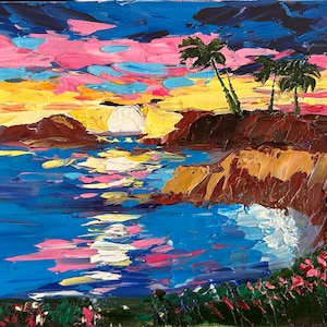 Paisaje marino tropical con palmeras, pintura al óleo, empasto, Laguna Beach, arte original sobre lienzo, California, 7 x 5 pulgadas