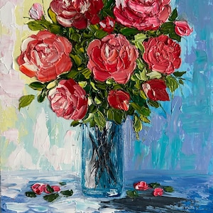 Pintura al óleo original de rosas rojas en un jarrón azul, obra de arte floral texturizada para decoración del hogar, un regalo para ti de 10 x 8 pulgadas