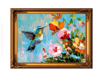 Hummingbird Among Flowers, Original Oil Painting, Impasto Bird Art, Gift for Bird Lover, Garden Wall Art