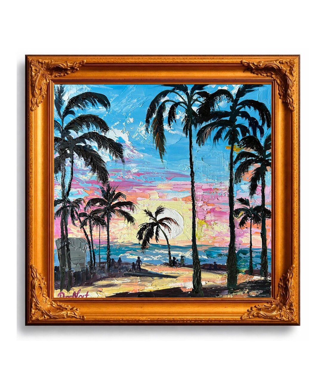 Hawaii Sunset Painting: Original Palm Tree Seascape, Impasto Oil Art ...