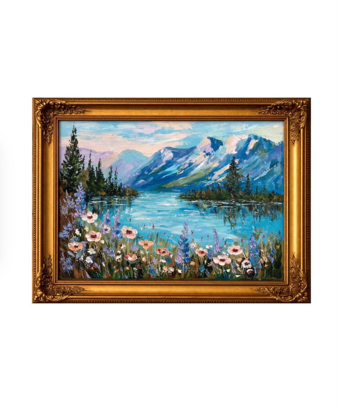 Original Oil Painting Mountain Lake Wildflowers Landscape Impasto ...