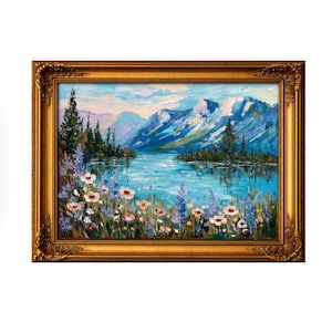 Pintura al óleo original de paisaje de lago de montaña con flores silvestres, técnica impasto con espátula, arte mural de montaña con textura, pintura de campo de flores alpinas