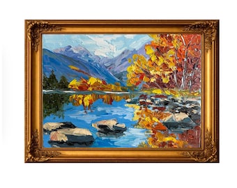 Mountain Lake Landscape Oil Painting, Autumn Nature Wall Art, Colorful Fall Scenery, Textured Palette Knife Original Artwork