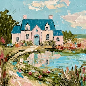 May include: An oil painting featuring a light pink house with a dark teal roof and matching door, situated beside a reflective pond. The landscape includes textured green foliage, tall grasses, and pink floral accents under a pale blue sky.