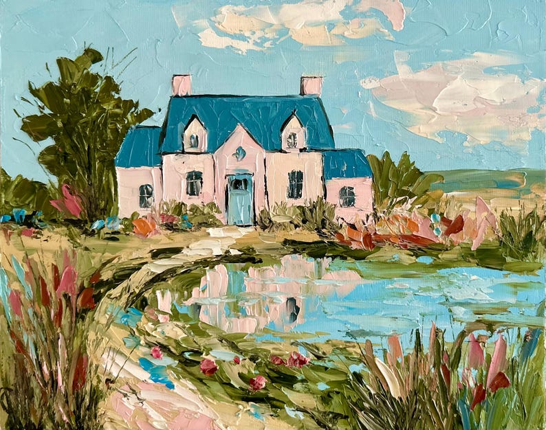 May include: An oil painting featuring a light pink house with a dark teal roof and matching door, situated beside a reflective pond. The landscape includes textured green foliage, tall grasses, and pink floral accents under a pale blue sky.