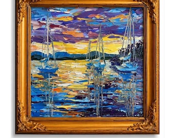 Sunset Marina Sailboats Painting, California Harbor Seascape, Palette Knife Original Oil Artwork