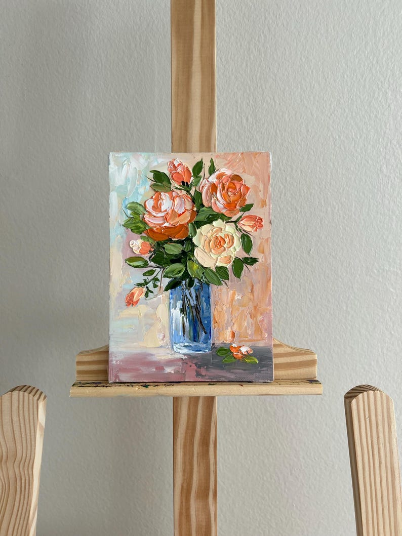 Small Pink Roses Oil Painting: Impasto Floral Art Palette Knife - Etsy