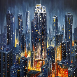 Night Metropolis Oil Painting on Canvas: Urban City Lights (20x18 in)