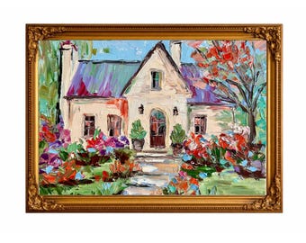 Flower Cottage Garden Painting, Country House Landscape, Original Oil Impasto Art