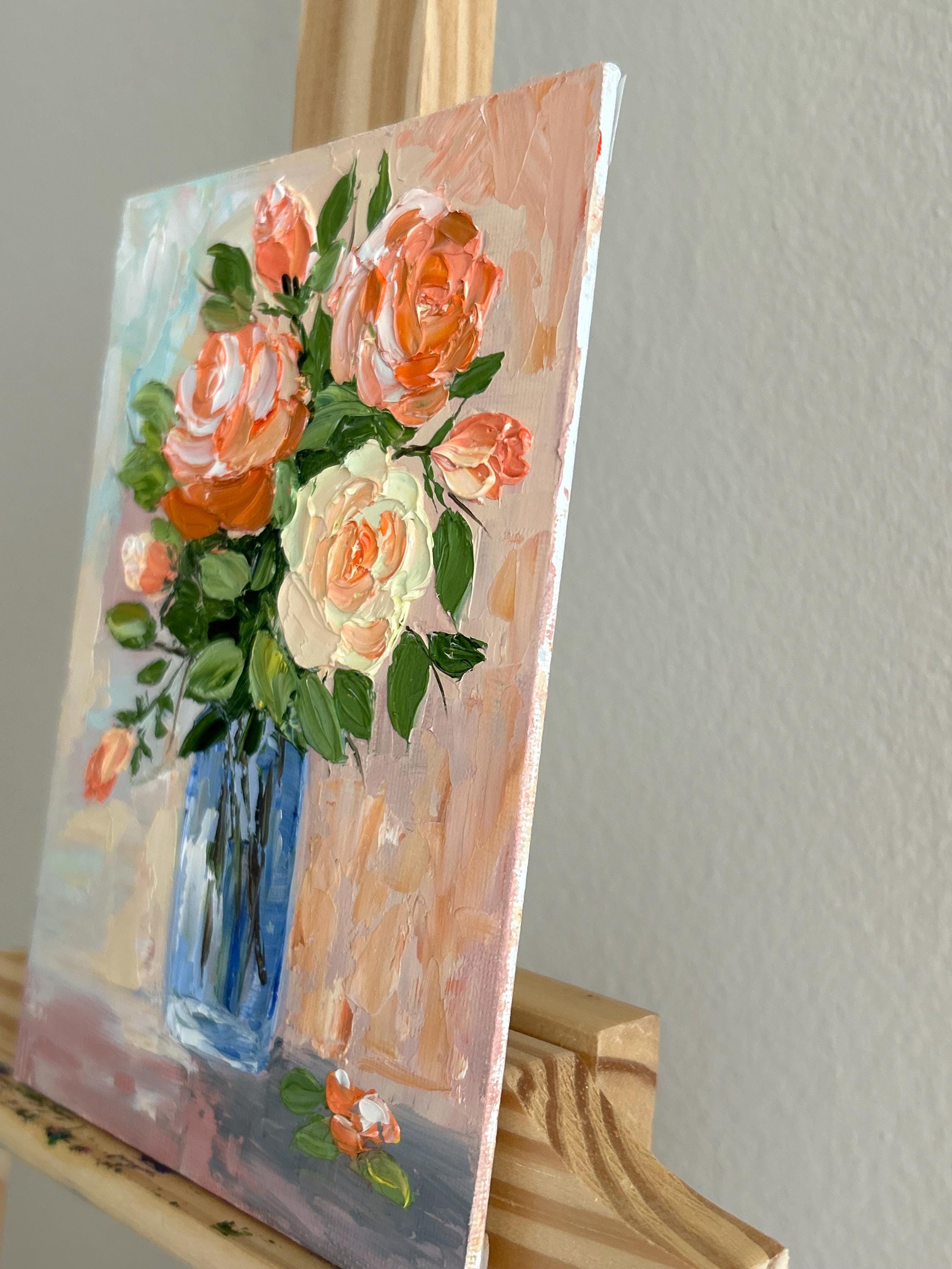 Small Pink Roses Oil Painting: Impasto Floral Art Palette Knife - Etsy