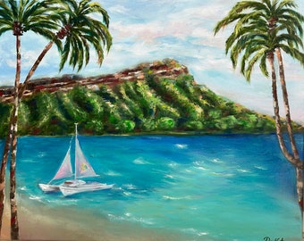 Pintura al óleo de cabeza de diamante hawaiana: arte paisajístico de isla tropical, 20 x 16 pulgadas