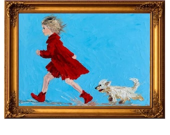Girl With funny Dog Oil Painting Original Impasto Art for Kids Room
