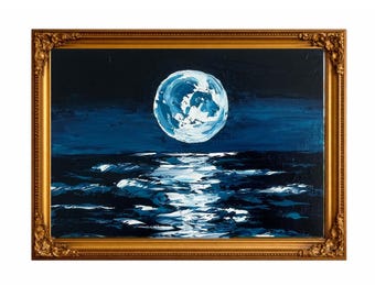 Moonlit Ocean Oil Painting, Original Impasto Seascape, Original Wall art , Moon Seascape.