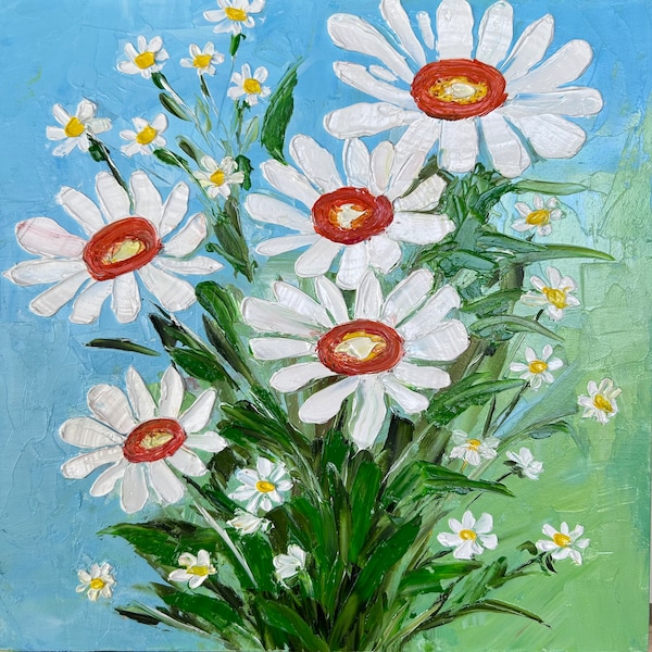 Daisies Floral  Painting   Impasto Art  Original Painting Birthday Flower  Original oil artwork Small 3d oil art 8х8 inches