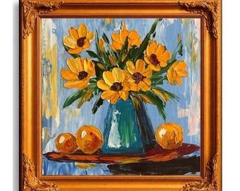 Marigold Bouquet Original Oil Painting, Turquoise Vase, Textured Impasto Artwork (8x8)