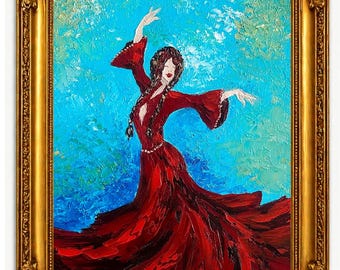 Dancing Girl Painting, Red Dress Figurative Art, Original Oil Painting, Impasto Artwork
