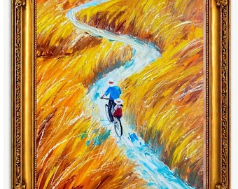 Golden Wheat Path With Cyclists Painting Oil Original landscape  Impasto Technique  palette knife work Bicycle art