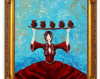 Girl With Pomegranates Vintage Style Oil Painting, Woman in Red Dress, Abstract,Original , Impasto Art, Feminine Figurative Artwork