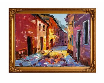 Light at the End of the Street, Colorful Cityscape Oil Painting, Original Impasto Art
