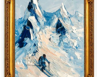 Skier Mountain Oil Painting, Original Winter Landscape, Alpine Snow Artwork, Textured Impasto Ski Decor, Modern Mountain Wall Art