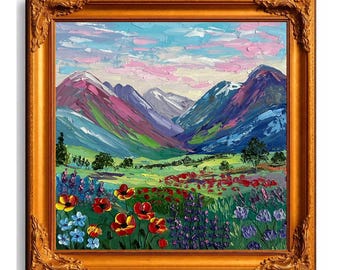 Pintura al óleo de paisaje de montaña con textura, flores y montañas, estilo empaste, 8 x 8 pulgadas.