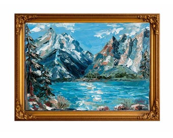 Grand Tetons Original Oil Landscape Painting Mountain Lake Art  Impasto Nature Artwork Wyoming Scenery