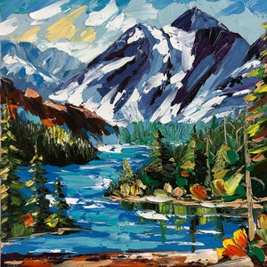 Pintura al óleo original de un paisaje montañoso: montañas, bosque y lago, inspirado en la naturaleza de Colorado, 20 x 20 cm.