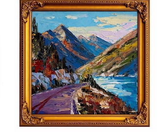 Original Oil Painting Mountain Road Landscape Impasto Palette Knife Art Mountain River Road Wall Art Textured Landscape Painting 8x8