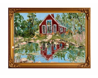 American House Oil Painting Original Impasto Landscape, House by Water, Textured Palette Knife Art, Peaceful Home Wall Decor
