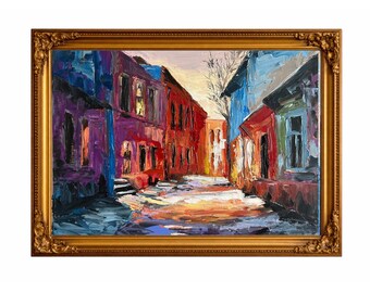 Textured Cityscape Oil Painting, European Alleyway Art Vibrant Urban Street Scene, Original Impasto Palette Knife